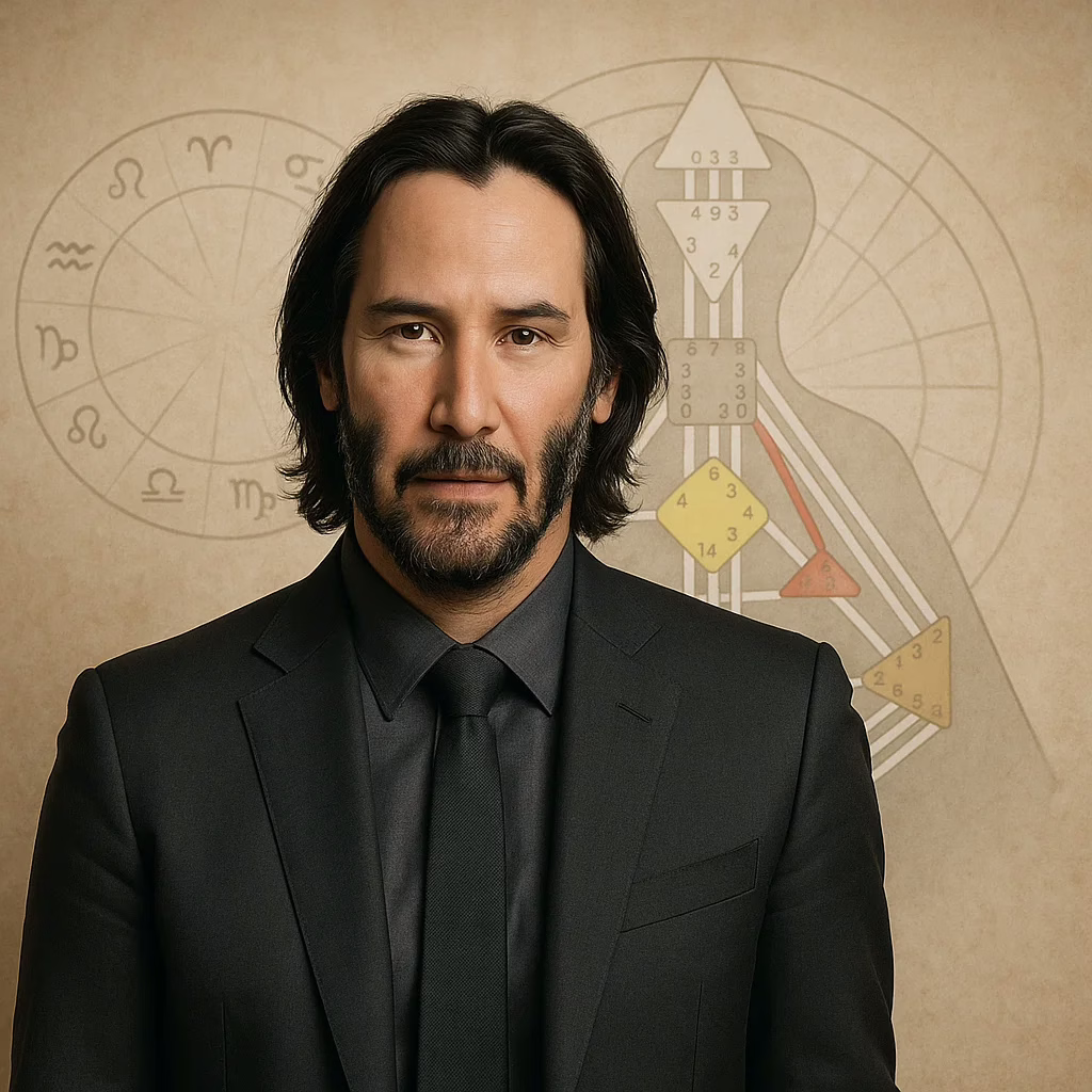 Keanu Reeves und ein Human Design Chart im Hintergrund